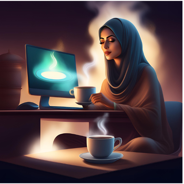 A woman sitting at a computer with coffee, focusing on how to create engaging content for her blog.