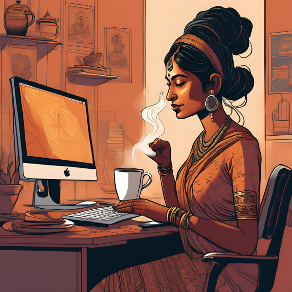 Woman drinking coffee at a computer, learning how to increase blog traffic